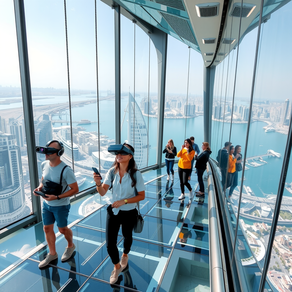 Futuristic glass observation deck high above Dubai Marina with visitors experiencing virtual reality headsets while standing on transparent floor panels, panoramic city skyline visible below, modern architectural design with sleek metallic frames