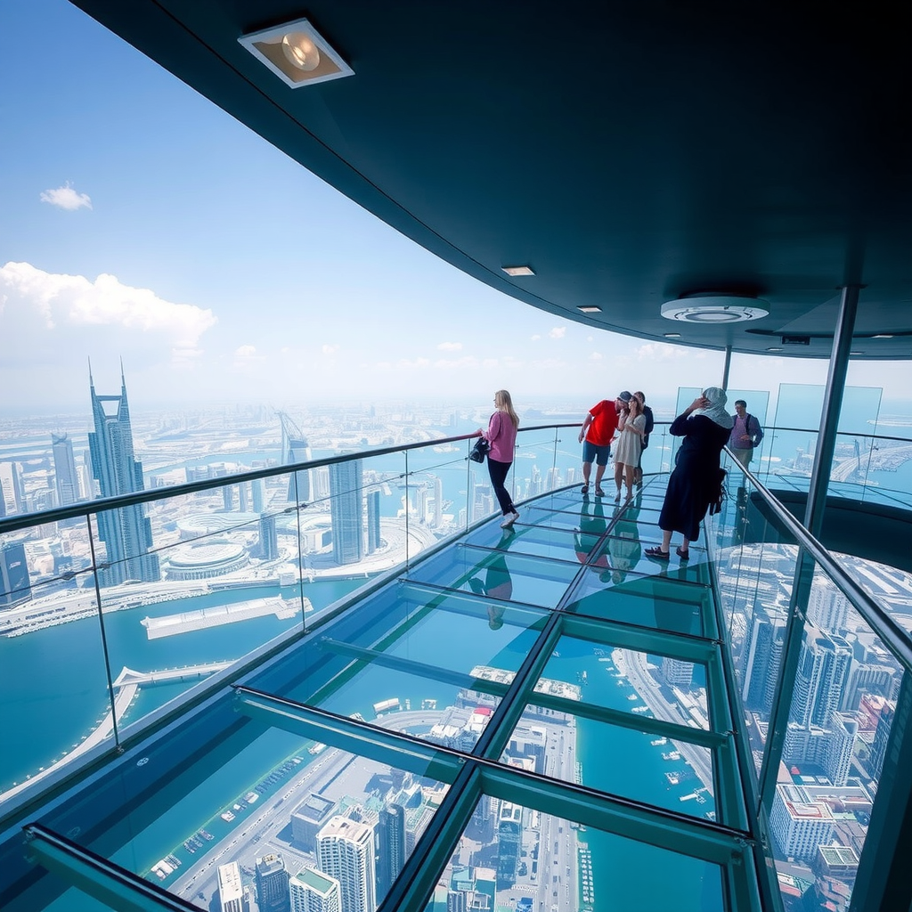 SkyVault Experience at Dubai Marina Tower featuring glass-bottom walkway suspended 300 meters above ground with breathtaking city skyline views and visitors experiencing the thrilling attraction