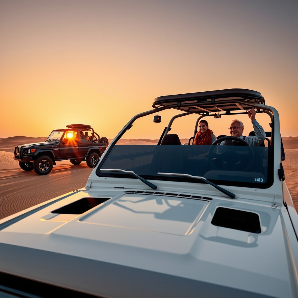 Modern 4x4 vehicles equipped with advanced safety features driving through golden desert sand dunes during sunset, showcasing the enhanced desert safari experience with visible safety equipment and professional guides