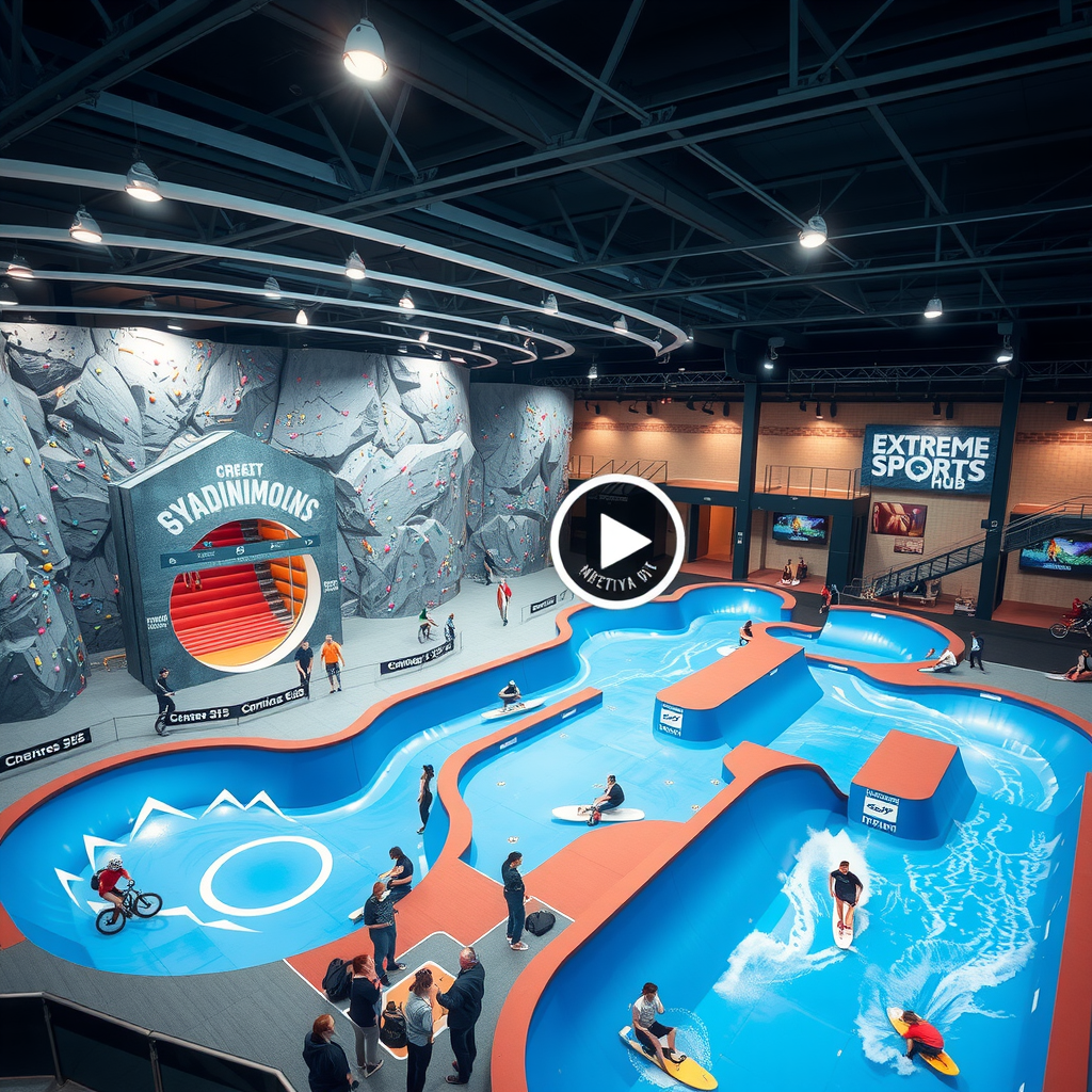 Aerial view of Dubai's Extreme Sports Hub facility in Dubai Sports City showing indoor skydiving wind tunnel, massive rock climbing walls, BMX tracks, and indoor surfing wave pool with thrill-seekers engaged in various extreme activities under bright lighting