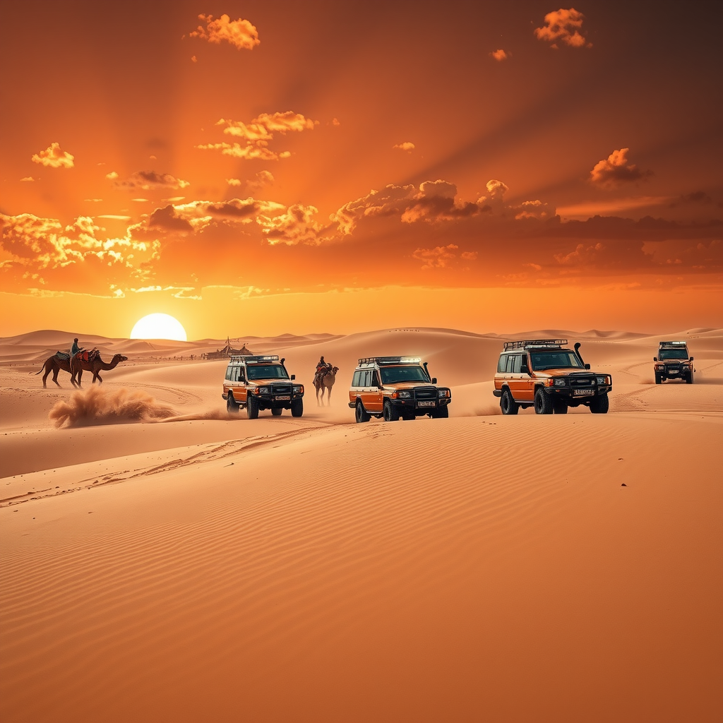 Thrilling desert safari adventure showing 4x4 vehicles racing across golden sand dunes at sunset with dramatic dust clouds, traditional Bedouin camp tents in background, camel silhouettes, and vibrant orange sky