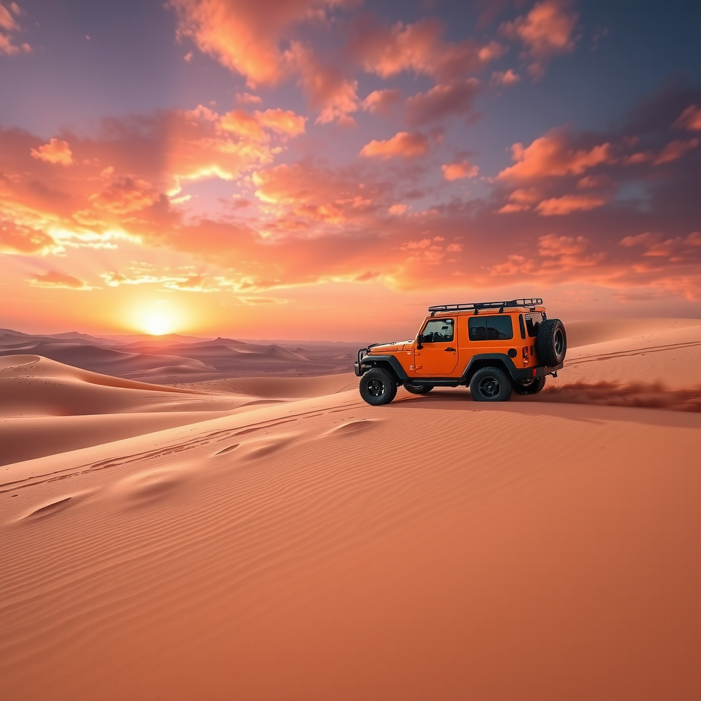 Thrilling 4x4 vehicle performing dune bashing on golden sand dunes in Dubai desert during sunset with dramatic orange and pink sky