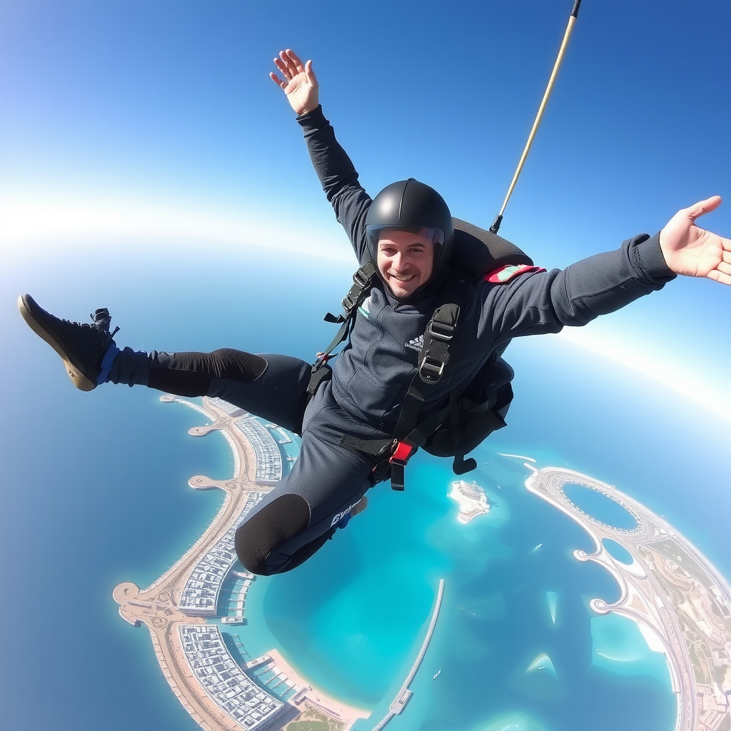 Professional skydiver in freefall over Dubai's Palm Jumeirah with crystal clear turquoise waters and the distinctive palm-shaped island formation visible below against a bright blue sky