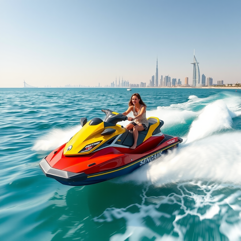 Thrilling jet ski adventure on the turquoise waters of the Arabian Gulf with Dubai's iconic skyline visible in the distance, showing riders creating white water spray trails