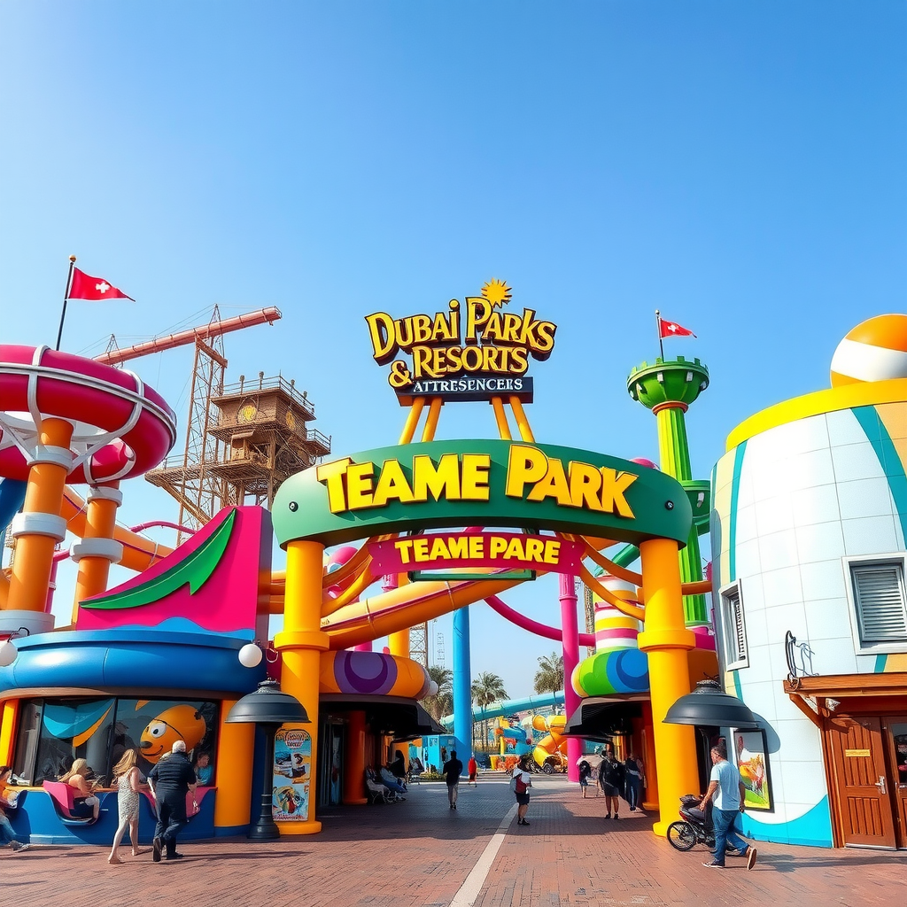 Vibrant theme park entrance featuring multiple colorful roller coasters, water slides, and family-friendly attractions at Dubai Parks and Resorts with visitors enjoying various rides under clear blue sky