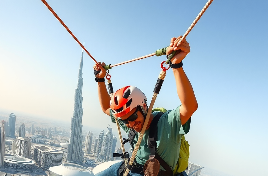 Thrilling extreme sports activities in Dubai including zip-lining over Dubai Marina skyline, desert buggies racing through sand dunes, and rock climbing on outdoor walls with city backdrop