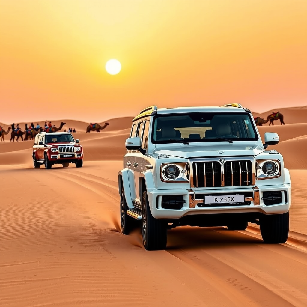 Modern luxury 4x4 vehicles driving through golden sand dunes at sunset in Dubai desert, tourists enjoying camel rides in background, traditional Bedouin camp with colorful tents visible, warm orange and pink sky