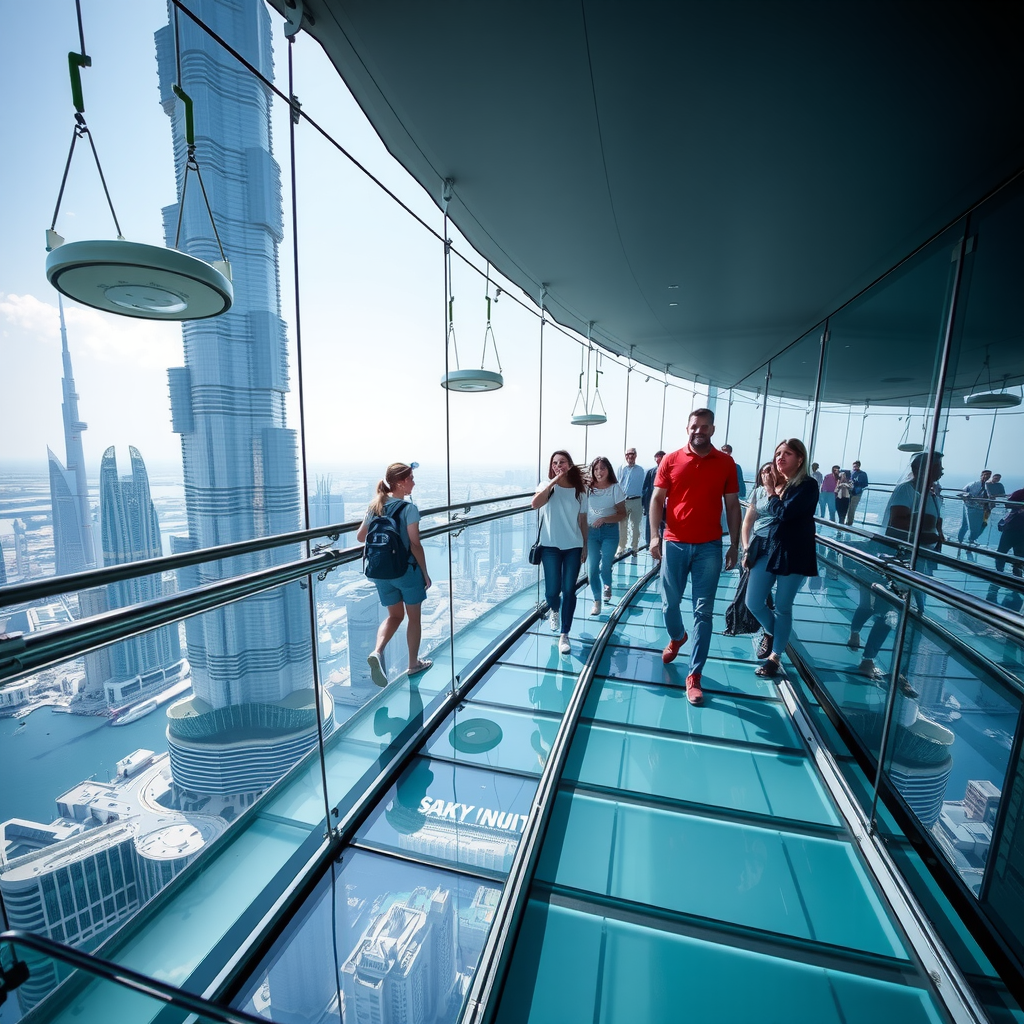 Excited visitors walking on the transparent glass-bottom walkway at SkyVault Experience, looking down at Dubai's cityscape from 300 meters height, with suspended swing rides visible in the background against Marina Tower's modern architecture