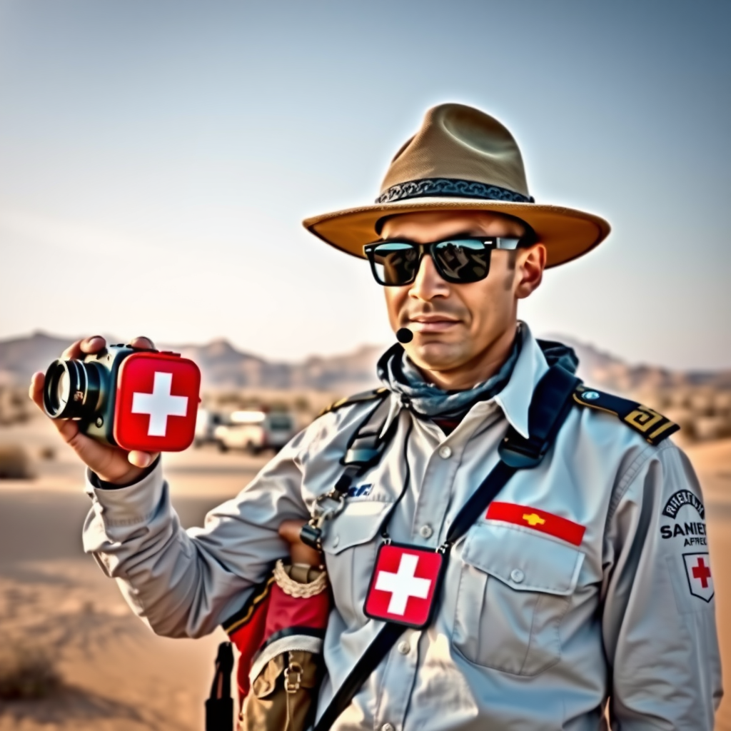 Professional desert safari guide in official uniform demonstrating safety equipment and wilderness first aid kit against backdrop of desert landscape, showing the enhanced training and preparedness of tour operators
