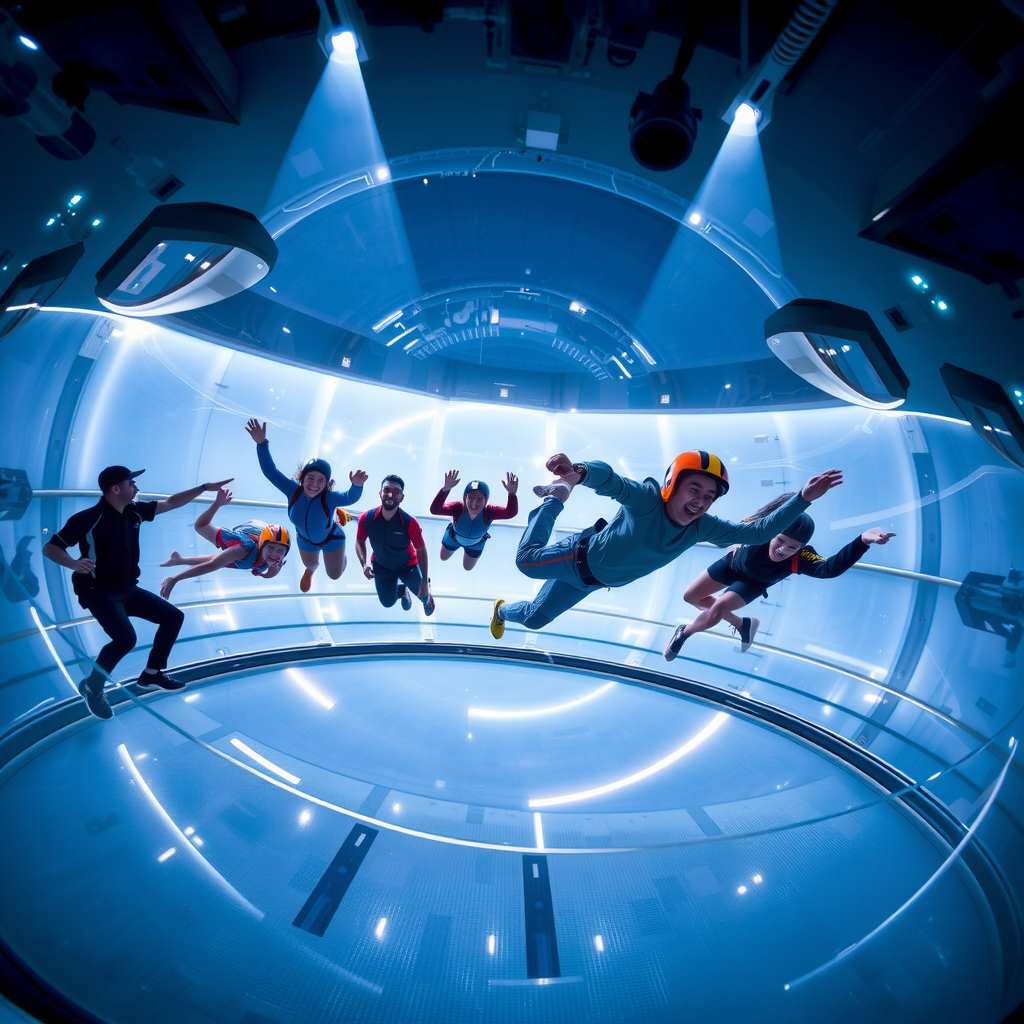 Indoor skydiving wind tunnel at Dubai Extreme Sports Hub with multiple people floating in mid-air inside a transparent cylindrical chamber, surrounded by safety netting and professional instructors monitoring from the sides