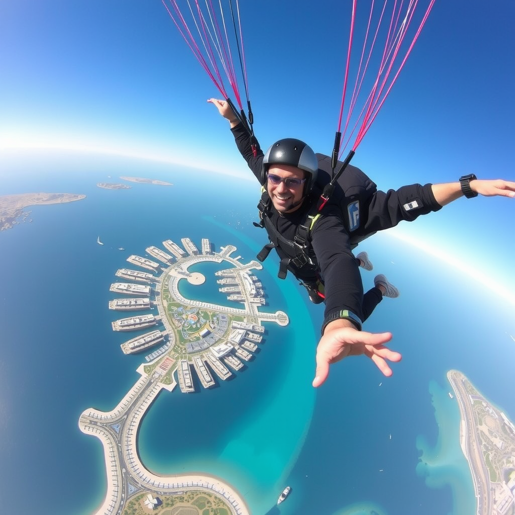 Exhilarating skydiving scene with person in freefall over Dubai's Palm Jumeirah island, clear blue sky, aerial view of luxury hotels and turquoise waters below, professional skydiver with parachute equipment, action photography perspective