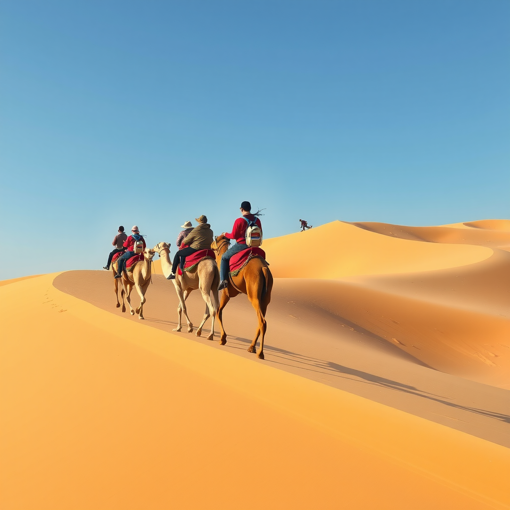 Group of tourists riding camels in a line across golden desert dunes with people sandboarding down sandy slopes in the background under clear blue sky