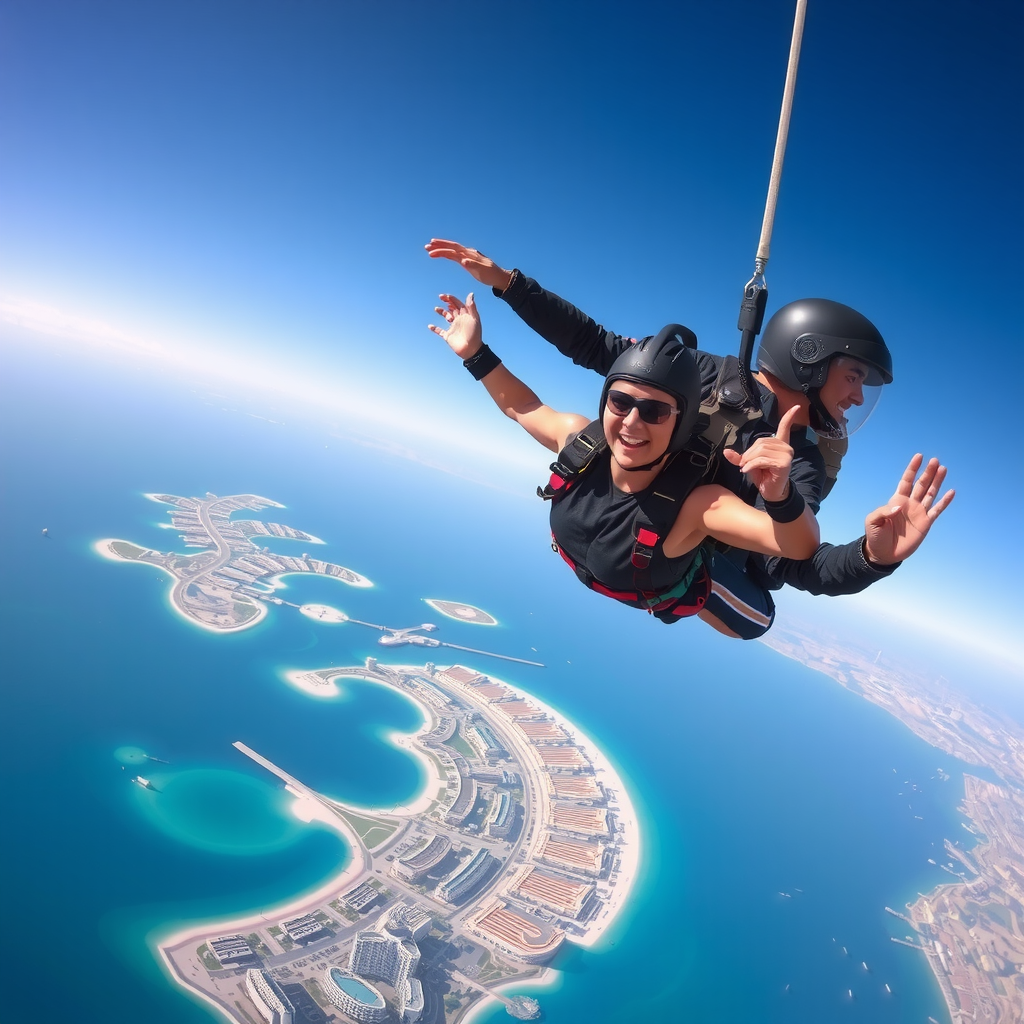 Tandem skydiving pair in mid-air with instructor and student over Palm Jumeirah showing the stunning Dubai coastline and luxury resorts below
