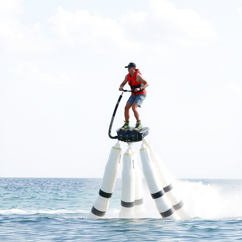 Exciting flyboarding session showing a person propelled high above the water surface by powerful water jets, with a certified instructor nearby ensuring safety