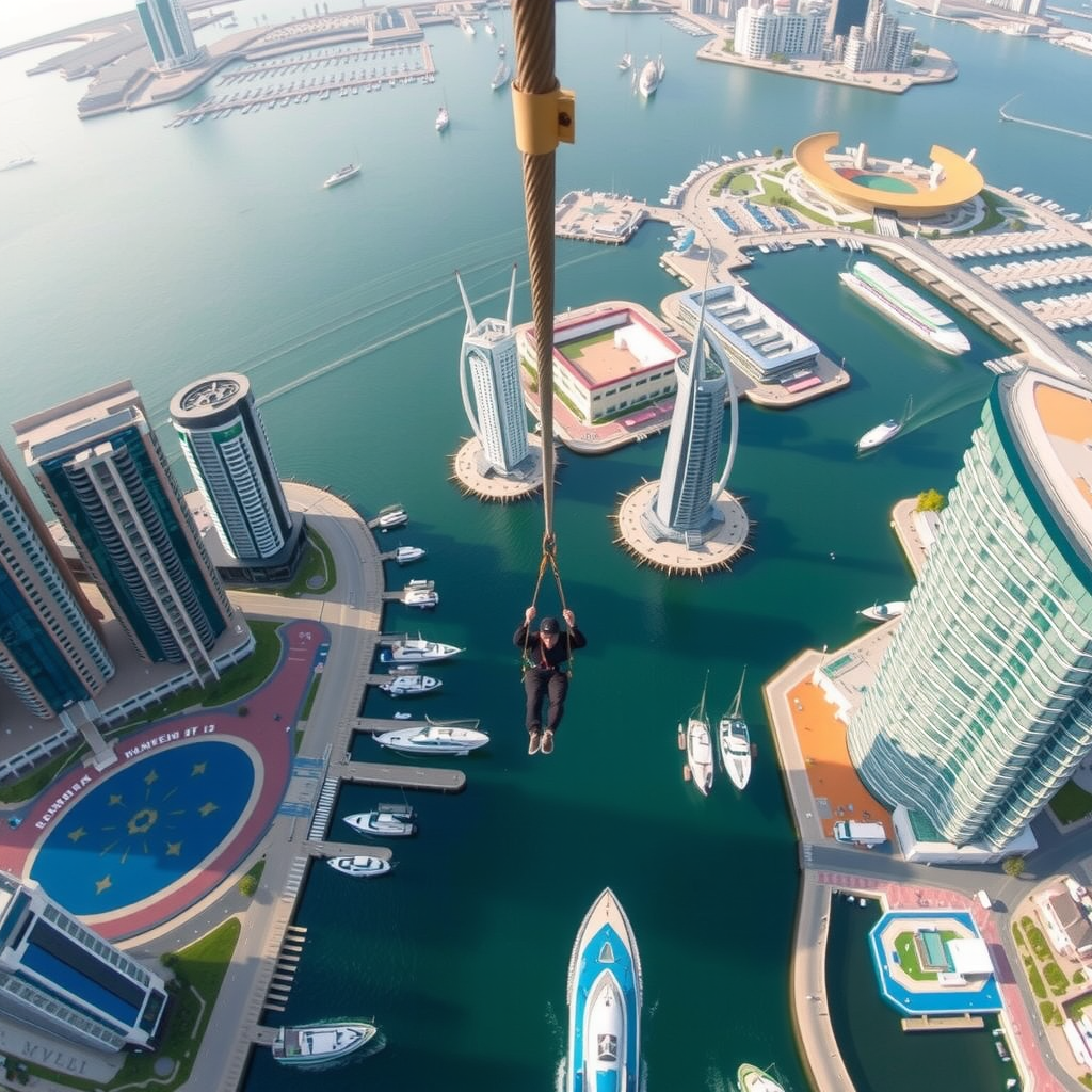 Aerial view of XLine Dubai Marina zipline stretching across the marina with skyscrapers on both sides, person ziplining at high speed over water and boats below