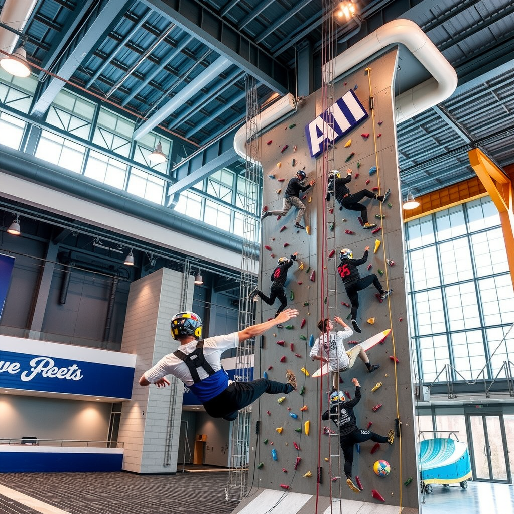 Indoor extreme sports facility with athletes indoor skydiving in wind tunnel, rock climbers scaling tall artificial climbing wall, surfers riding artificial wave pool, modern industrial architecture with bright lighting