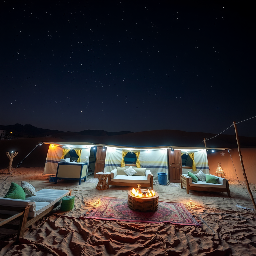 Traditional Bedouin-style desert camp illuminated by solar-powered lighting at night, showing eco-friendly facilities and sustainable tourism practices under a starry desert sky with comfortable seating areas