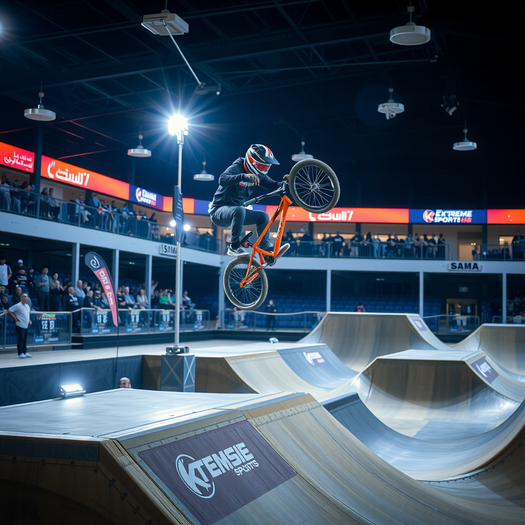 Professional BMX rider performing aerial trick on Dubai Extreme Sports Hub's indoor track with dramatic lighting, showing jumps, berms, and spectators watching from elevated viewing areas