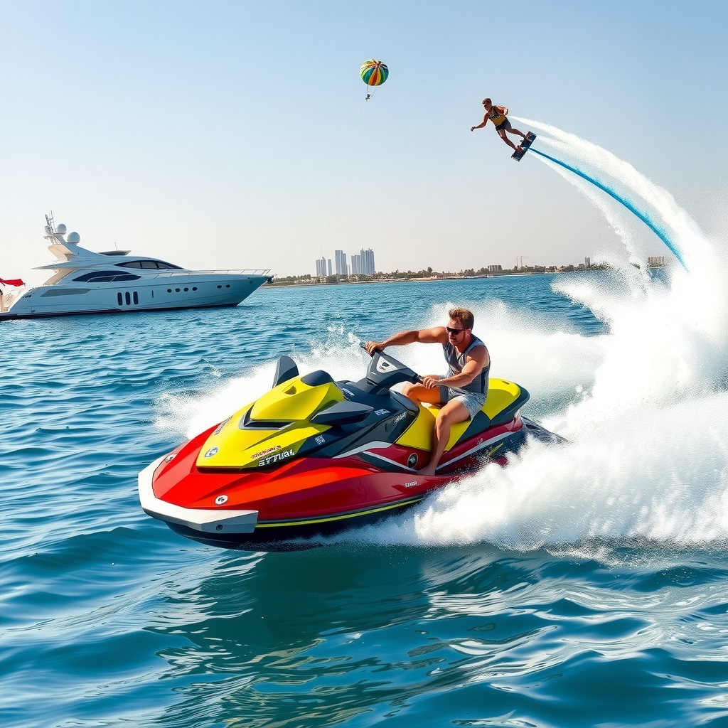 Dynamic water sports action showing jet ski rider creating massive splash in crystal blue Arabian Gulf waters, parasailing in background, luxury yacht, flyboard athlete soaring above water, sunny Dubai coastline with skyscrapers visible