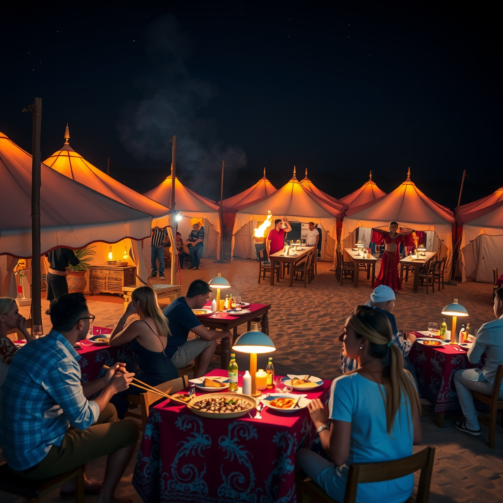 Traditional Bedouin desert camp at night with illuminated tents, tourists dining at buffet tables with BBQ food, belly dancer performing, and fire show in the background under starry sky