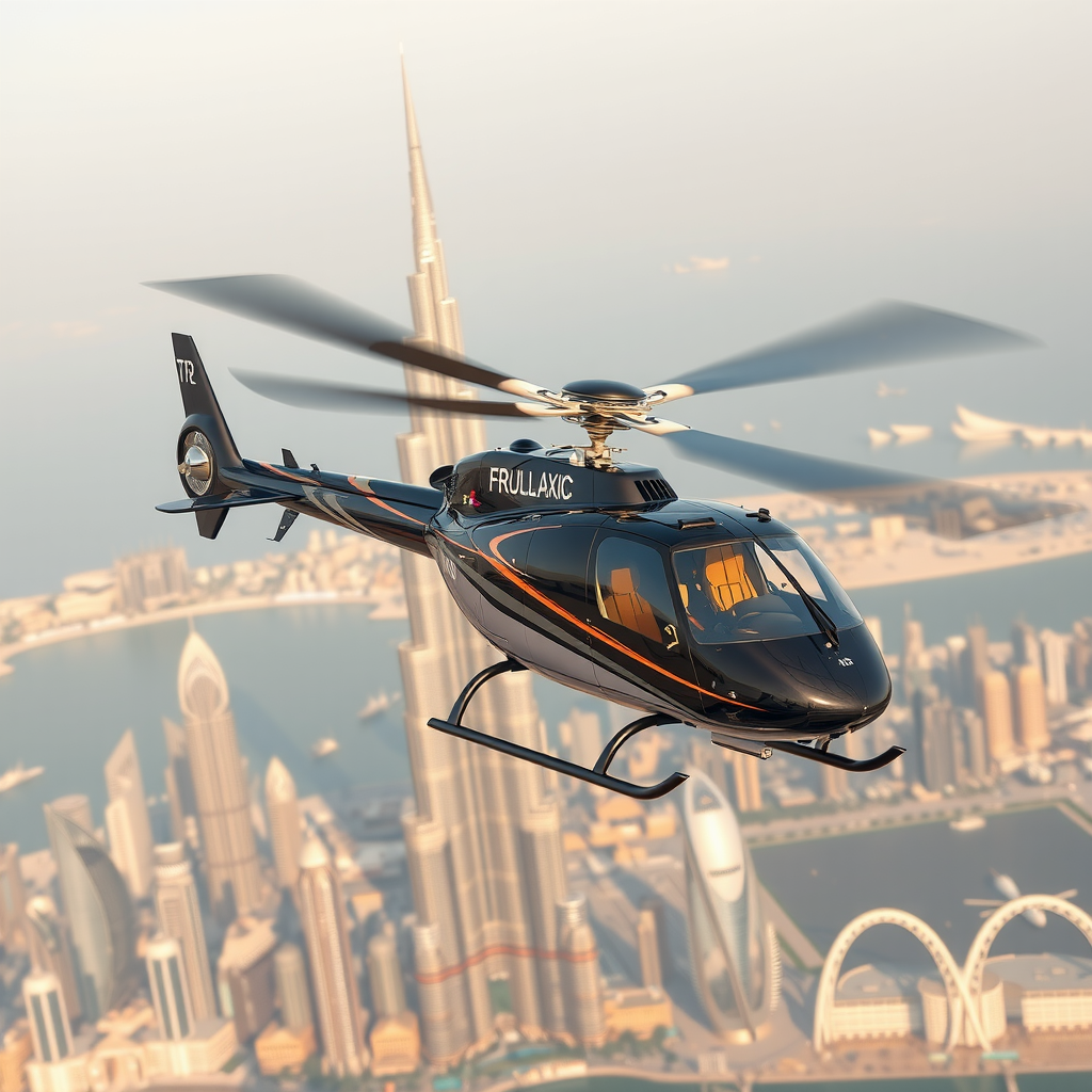 Modern luxury helicopter in flight with panoramic view of Burj Khalifa tower and Dubai's futuristic skyline with skyscrapers and urban landscape