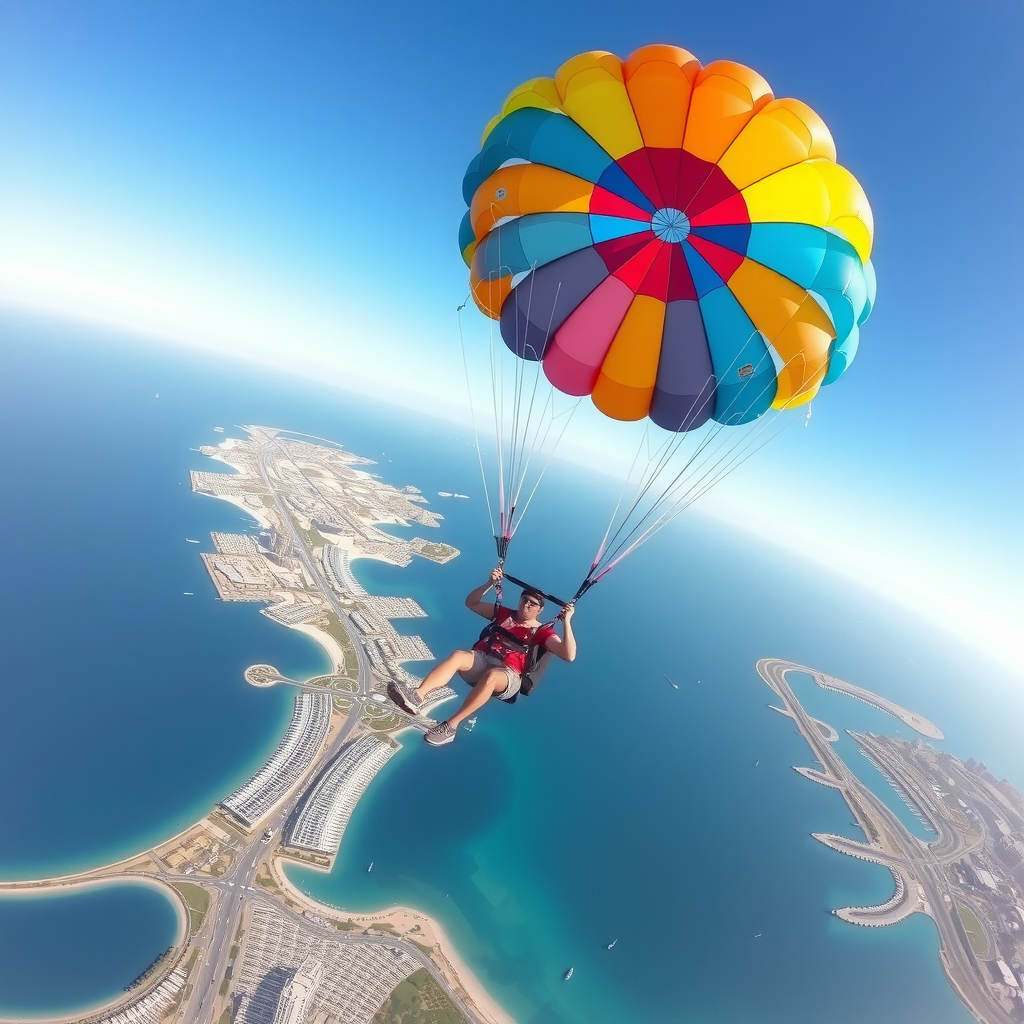 Breathtaking parasailing adventure high above Dubai's coastline, showing the colorful parachute against blue sky with panoramic views of beaches and city below