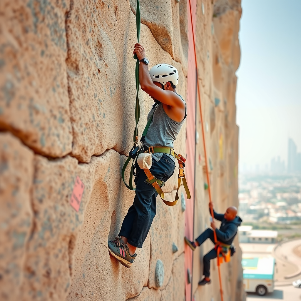 Rock climber scaling challenging outdoor climbing wall with safety harness and helmet, Dubai cityscape visible in background, instructor belaying from below