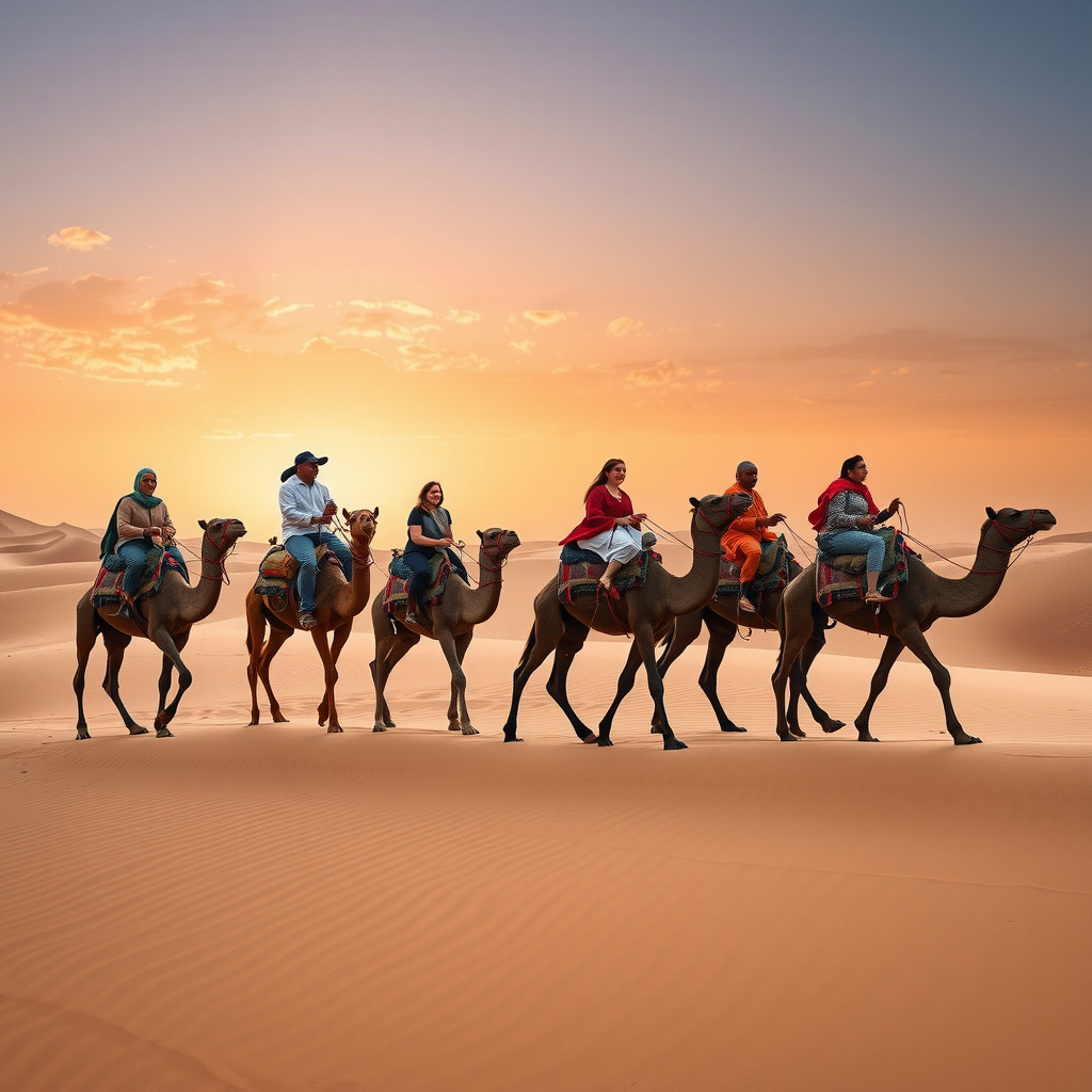 Diverse group of happy tourists riding camels in single file through golden sand dunes at sunset, led by professional guide in traditional dress, capturing the authentic desert safari experience