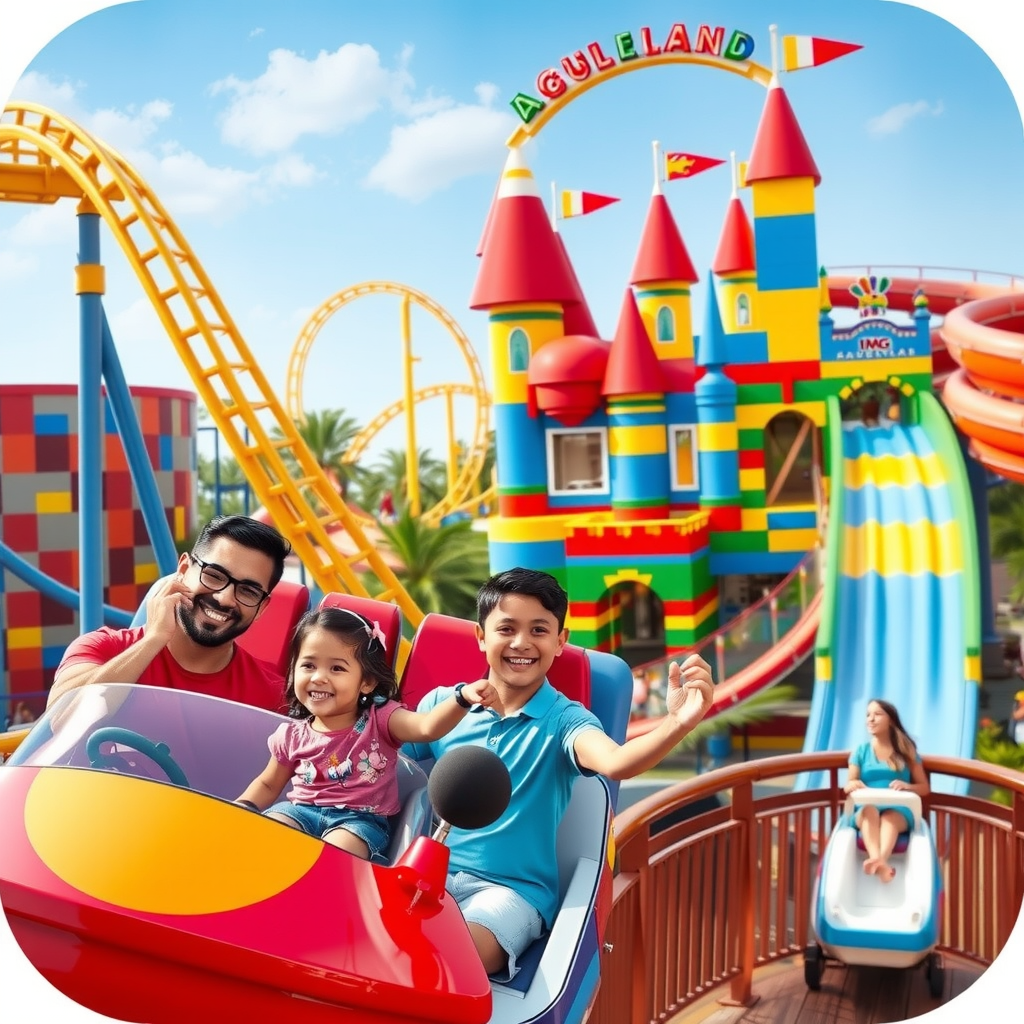 Exciting theme park scene featuring colorful roller coaster loops, families enjoying rides at IMG Worlds of Adventure, Legoland Dubai castle made of colorful blocks, Aquaventure Waterpark slides, happy children and adults, vibrant entertainment atmosphere