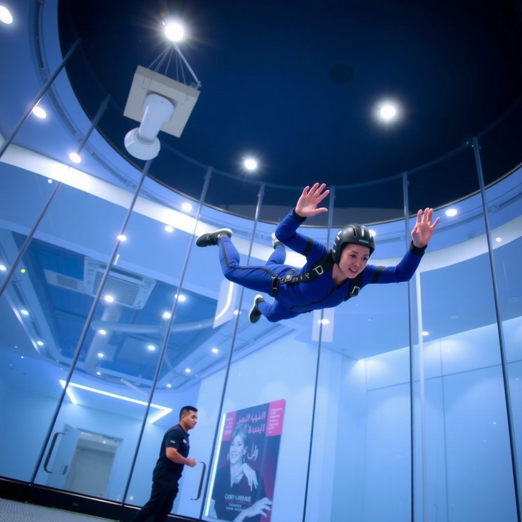 Indoor skydiving at iFly Dubai showing a person floating in a large vertical wind tunnel with transparent walls and professional instructor nearby in a modern facility