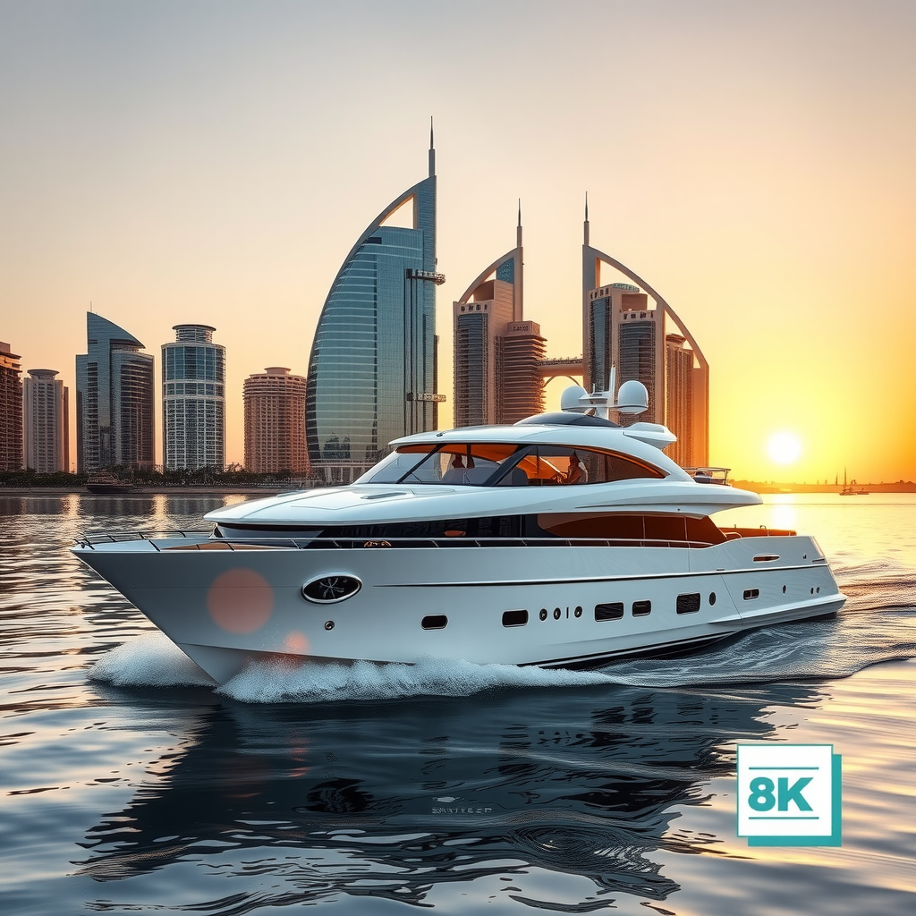 Elegant luxury yacht cruising through Dubai Marina at golden hour, with modern skyscrapers reflecting in calm waters and guests enjoying the deck