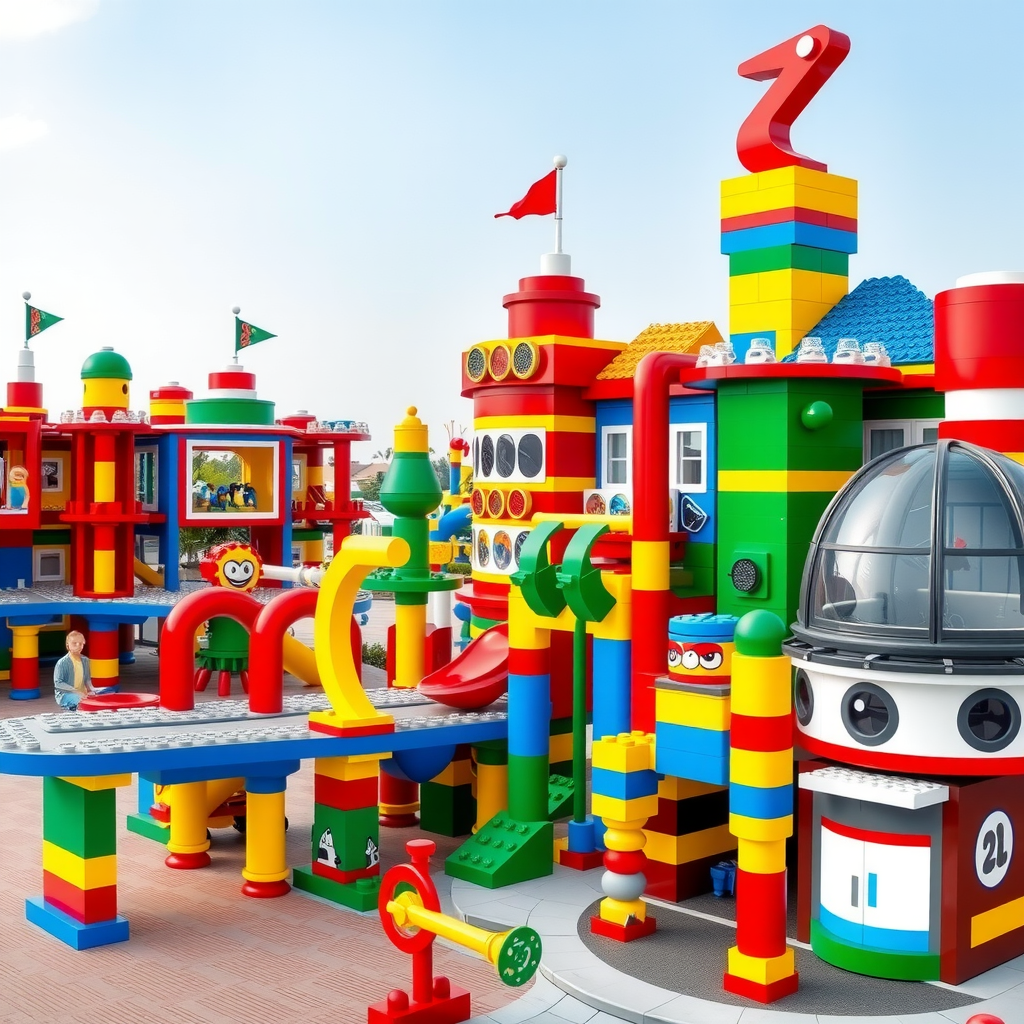 Legoland Dubai family-friendly theme park with colorful LEGO brick structures, interactive rides, and creative play zones for children