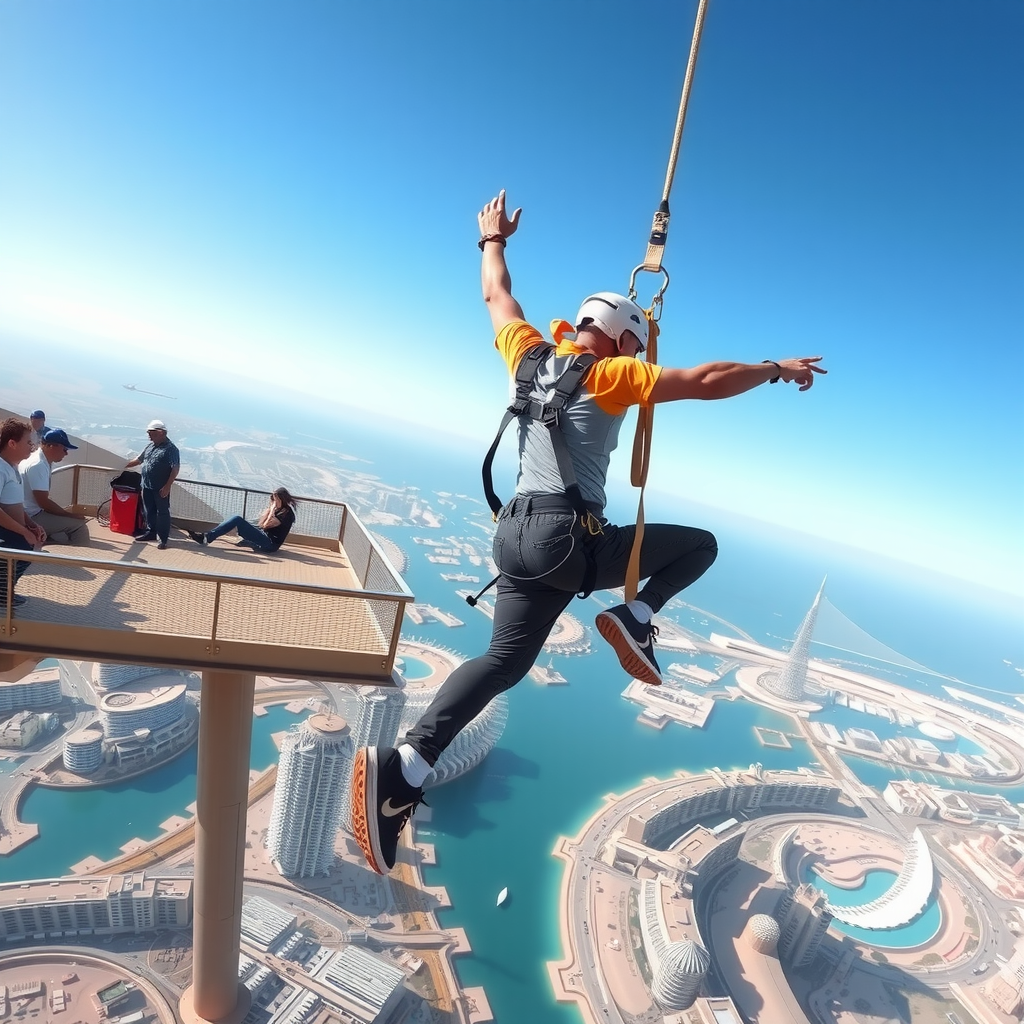 Person mid-bungee jump from high platform with elastic cord stretched, Dubai landscape below, safety crew visible on platform, clear blue sky background