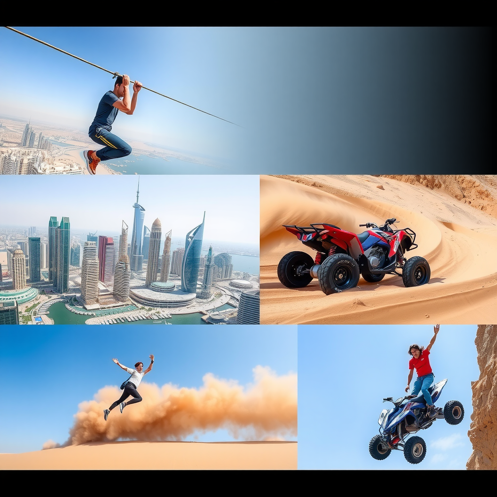 Adrenaline-pumping extreme sports montage showing person zip-lining across Dubai Marina skyline on XLine, ATV quad bike racing through desert sand creating dust trail, rock climber scaling wall, bungee jumper mid-leap, off-road buggy adventure