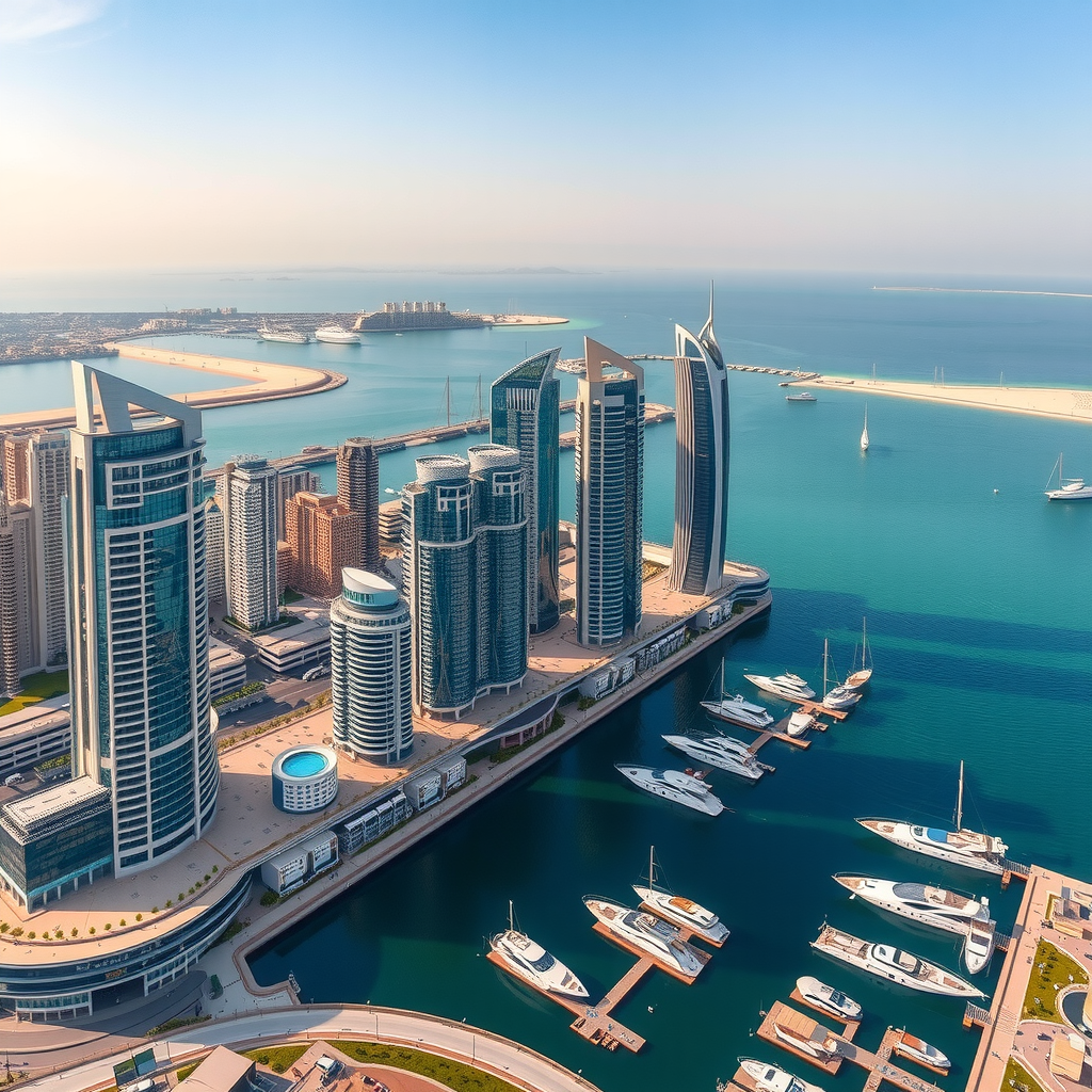 Stunning aerial photograph of Dubai Marina showing tall modern skyscrapers along the waterfront with luxury yachts in the marina and the Persian Gulf in the background taken from helicopter