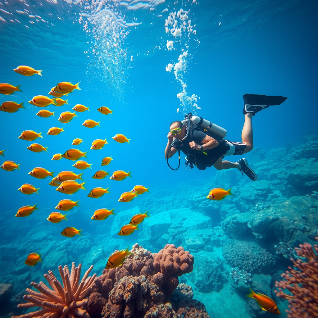 Underwater scuba diving scene showing a diver exploring vibrant coral reefs with schools of colorful tropical fish swimming nearby in crystal-clear Arabian Gulf waters