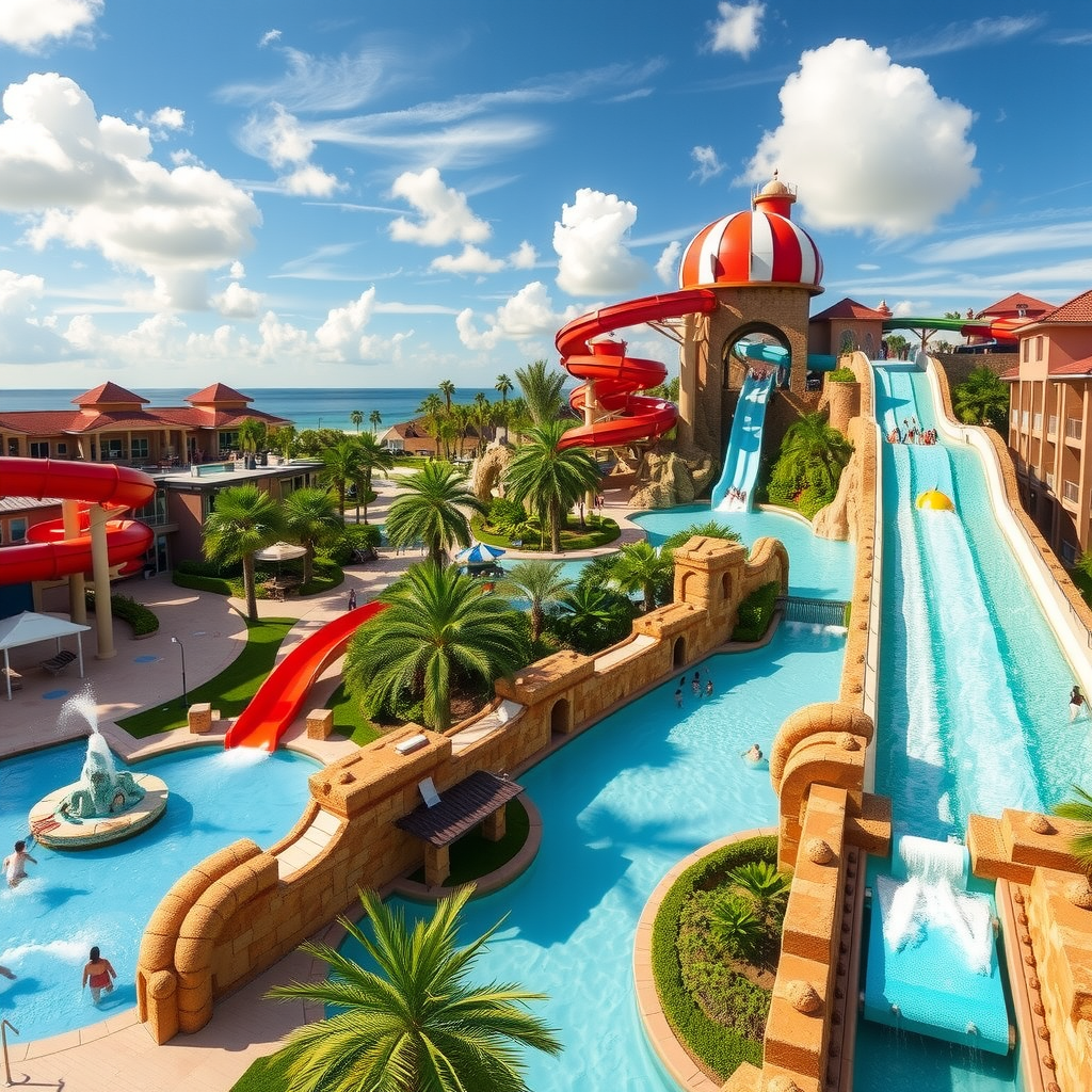 Aquaventure Waterpark at Atlantis featuring massive water slides, wave pools, lazy rivers, and tropical beach setting