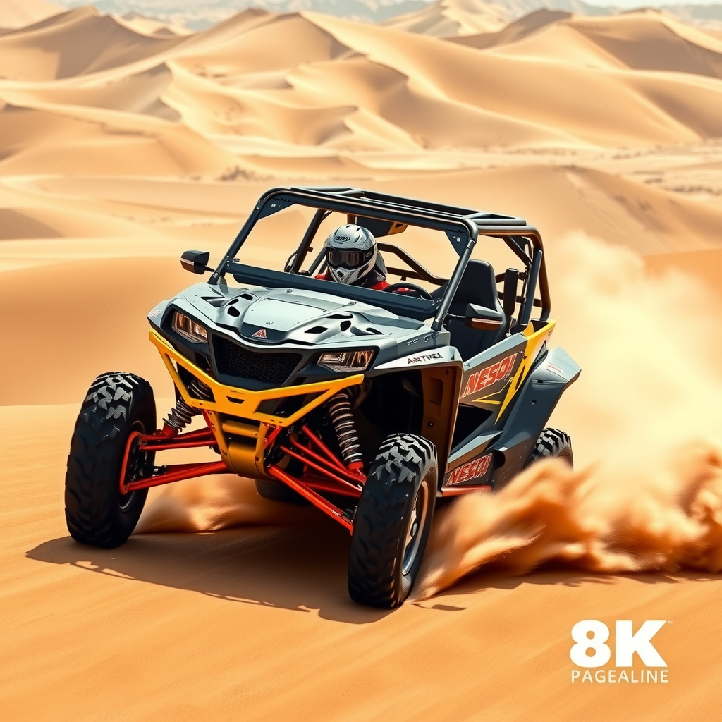 Powerful off-road buggy racing through golden sand dunes creating dust clouds, driver wearing helmet and safety gear, vast desert landscape with rolling dunes in background