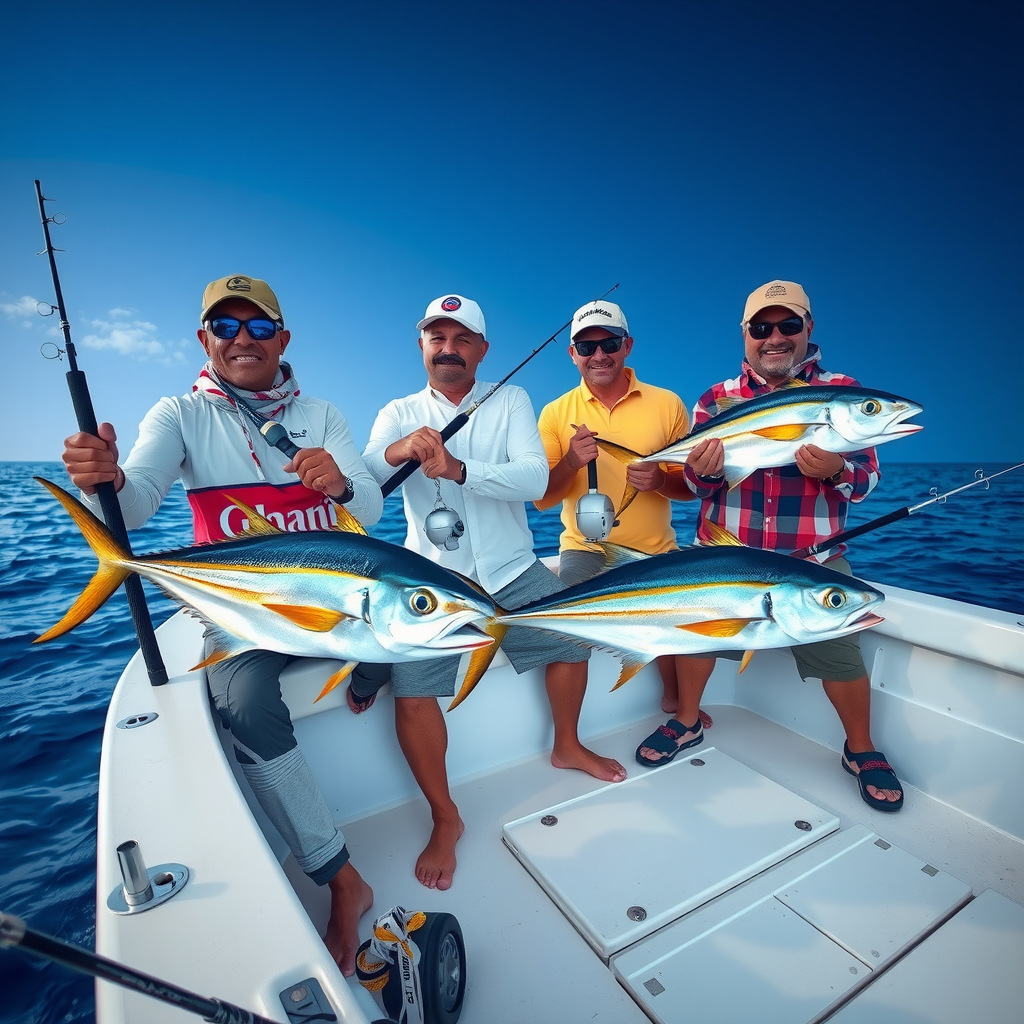 Deep-sea fishing expedition showing anglers on a well-equipped boat with fishing rods, displaying impressive catches of kingfish and barracuda from Arabian Gulf waters