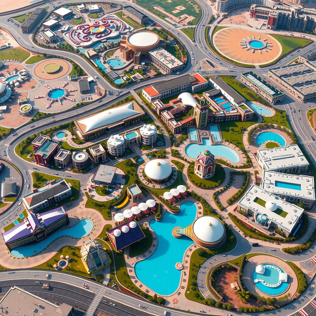 Aerial view of Dubai Parks and Resorts complex showing multiple theme parks, entertainment zones, hotels, and dining areas spread across vast entertainment district
