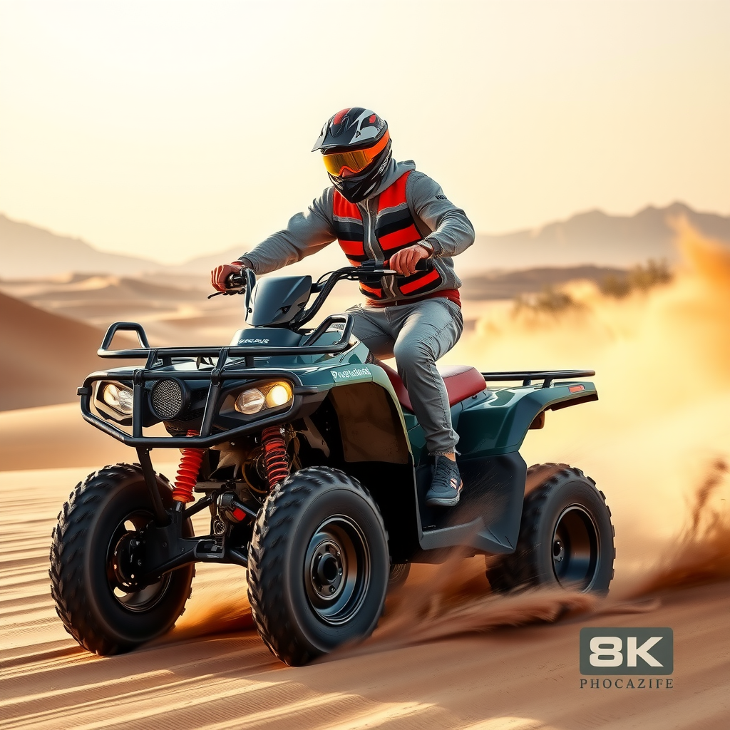 Rider on ATV quad bike navigating through desert terrain with sand spraying, wearing protective gear and helmet, desert mountains and dunes in distance, sunset lighting