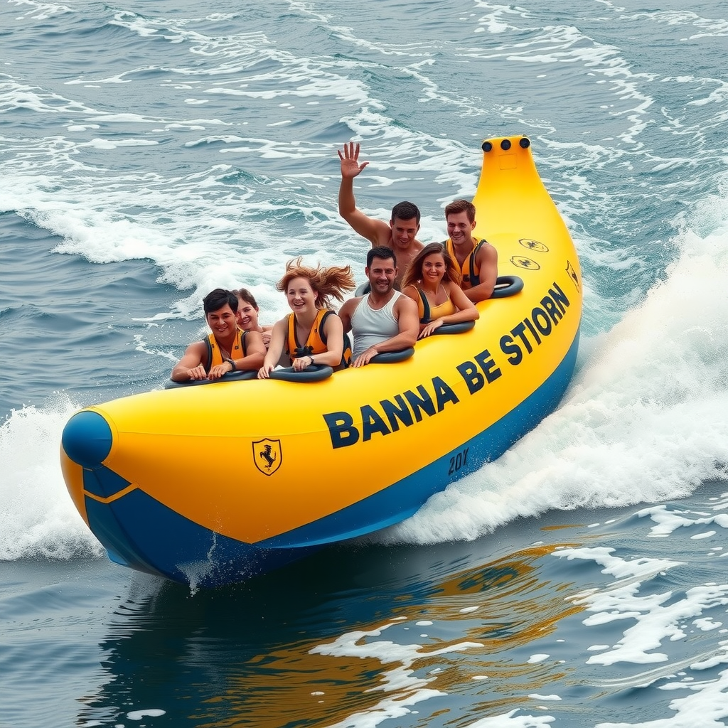 Exciting banana boat ride showing a group of friends holding on tight while being towed across the Arabian Gulf, with water splashing and everyone laughing and having fun