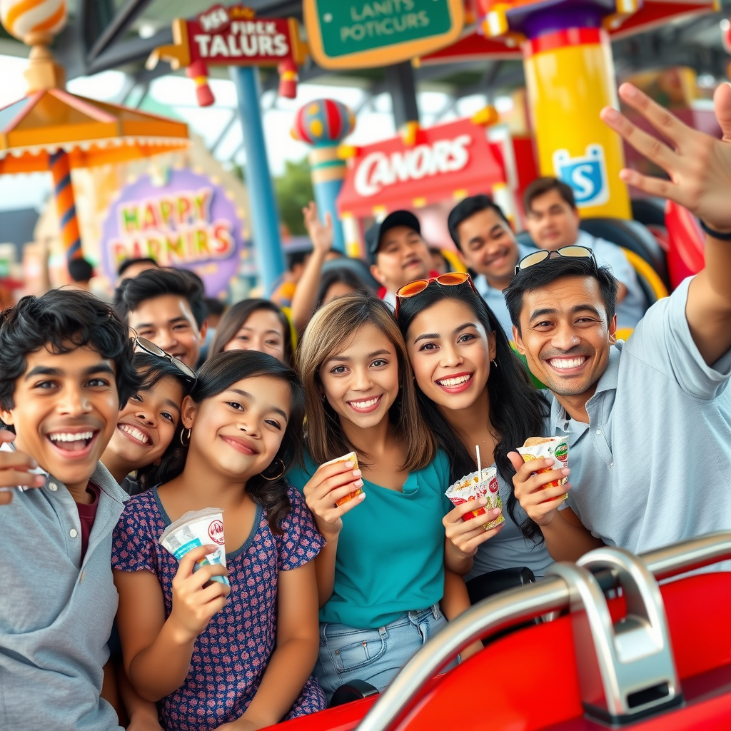 Diverse families and groups of friends enjoying various theme park attractions, taking photos, eating snacks, and experiencing rides together with smiling faces