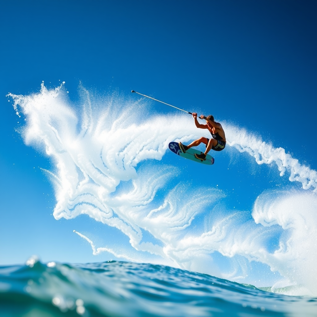 Dynamic wakeboarding scene capturing a skilled rider performing an impressive aerial trick over the wake, with water spray creating dramatic effect against blue sky