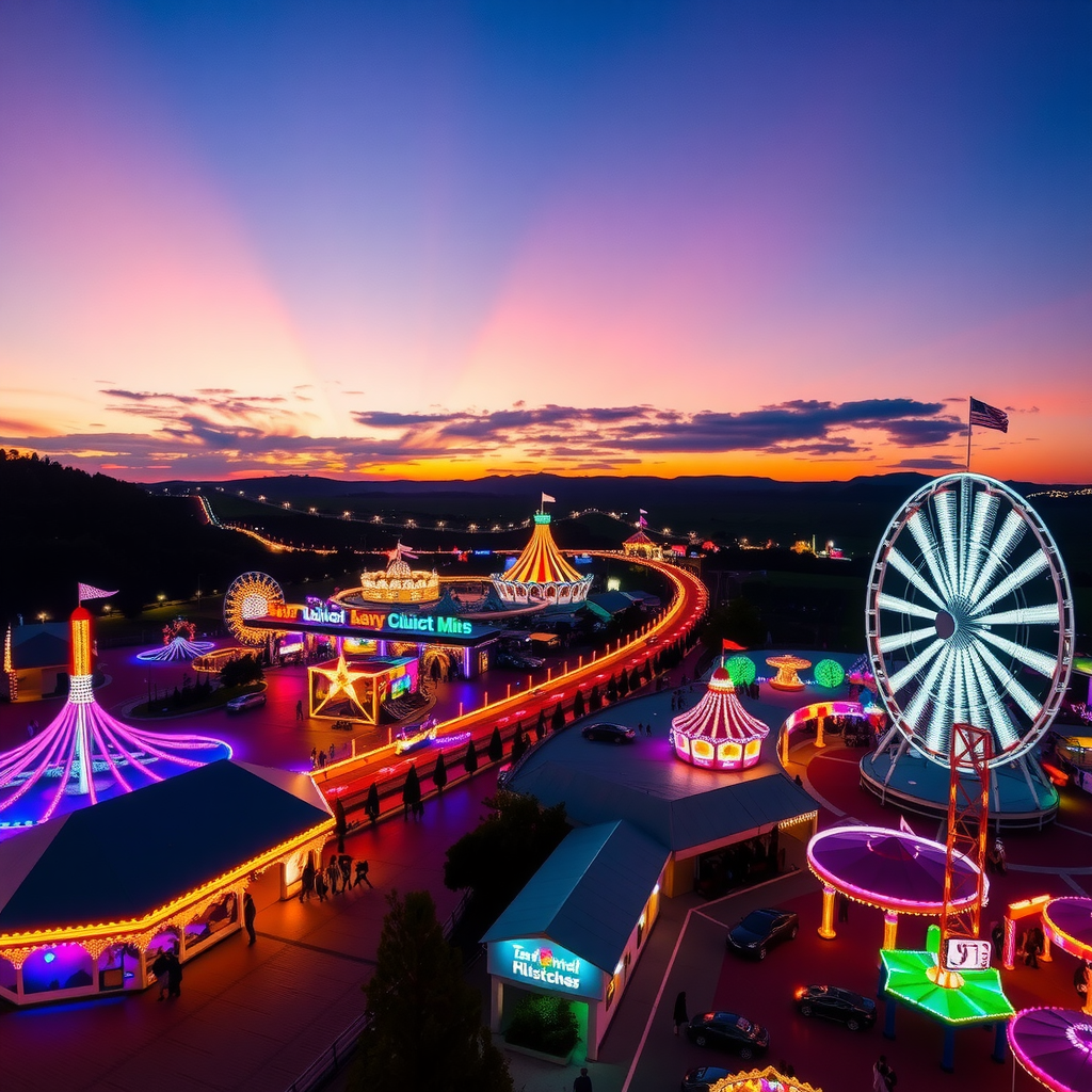 Beautiful sunset view of illuminated theme park with colorful lights on rides, attractions glowing against twilight sky, creating magical atmosphere